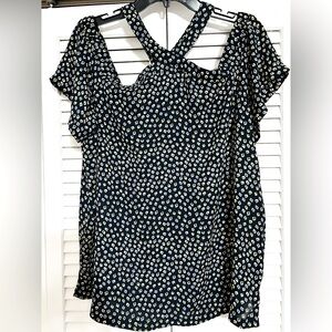 Navy Blue printed classy top by Loft, size L. Unique neckline.